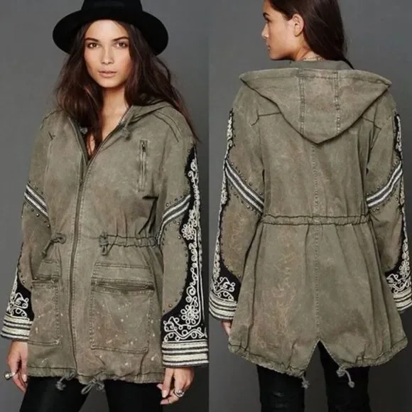 FREE PEOPLE Golden Quills Military Parka Jacket Coat Green Rhinestones M RARE - Picture 14 of 16